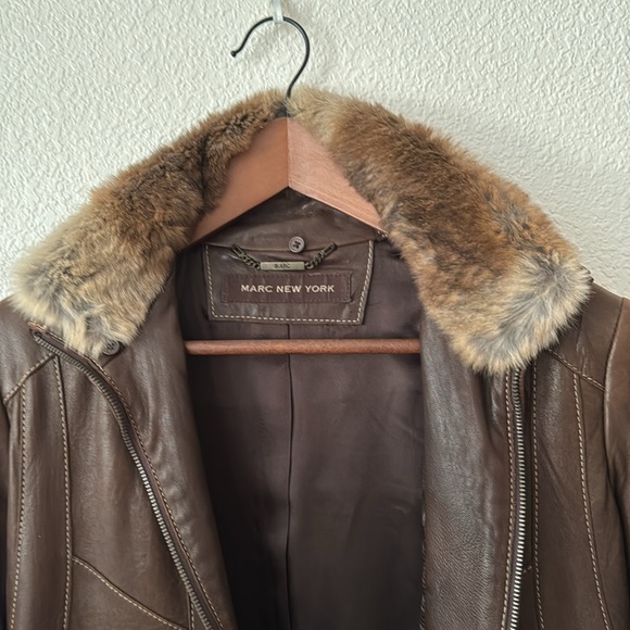 XS Marc New York Genuine Leather Brown Zip up Bomber Jacket removable fur collar - Picture 3 of 13